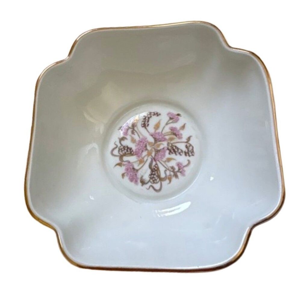 Vintage Limoges France Floral Trinket Dish 5.5" Square Gold Rim Fuchsia